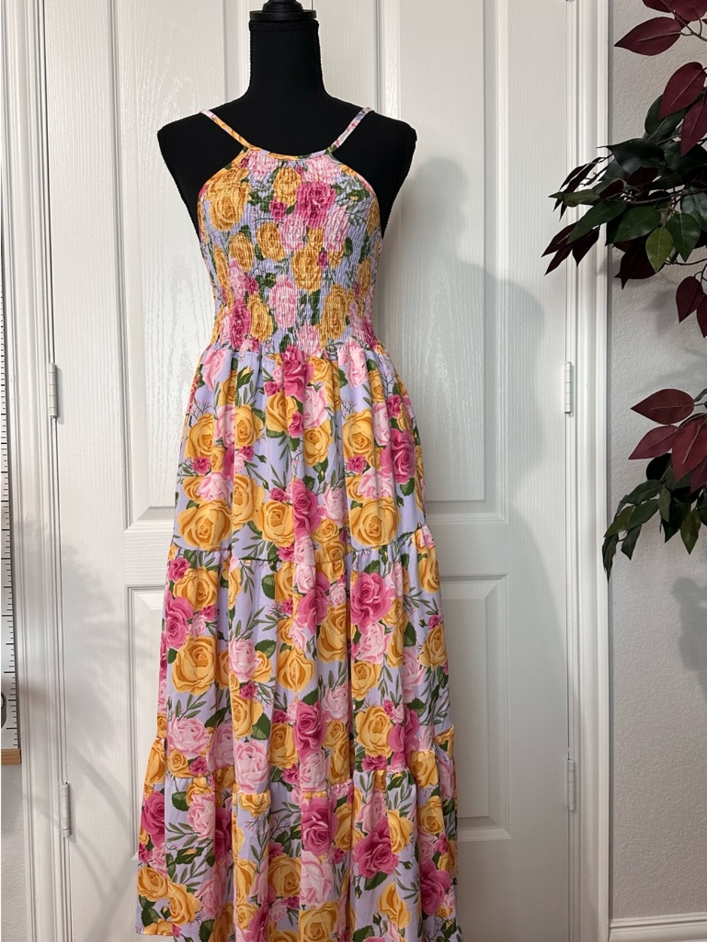Floral Smocked Maxi Dress in Pink and Yellow- Adjustable strap,Length:112cm